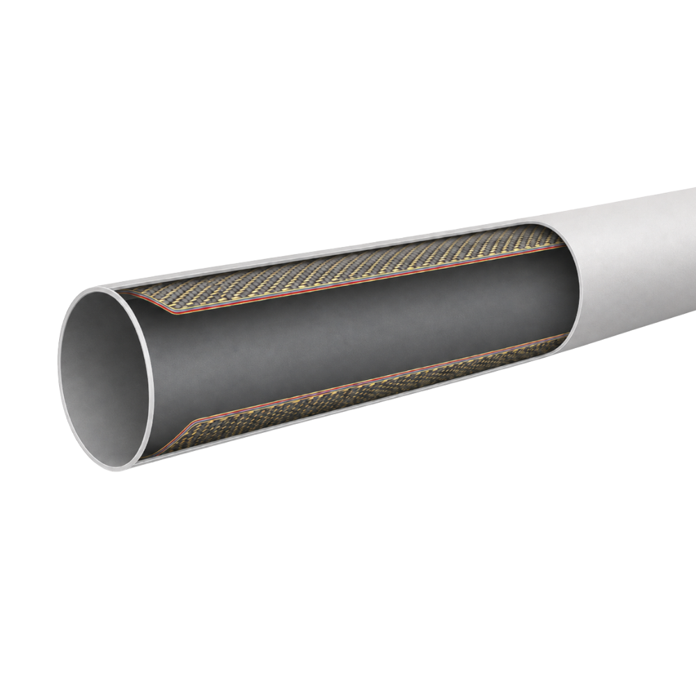 Cutaway illustration of Air Core Composite reinforced tubular beam structure showing internal fiber layers
