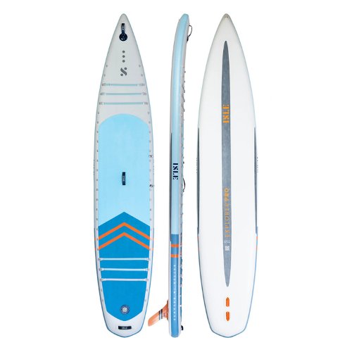 Isle Explorer Pro inflatable paddleboard, blue colorway, triple view