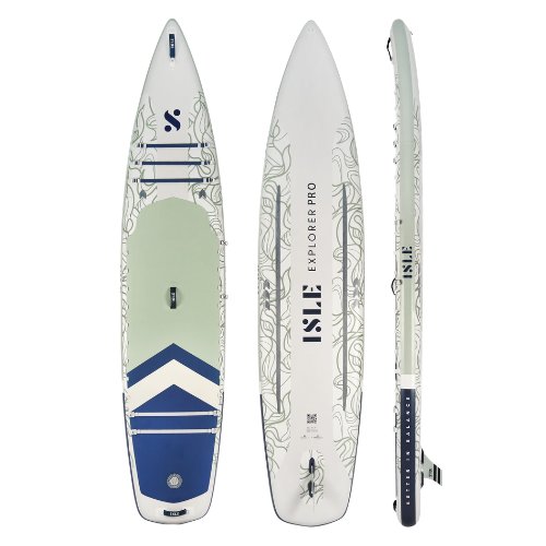 Isle Explorer Pro inflatable paddleboard, green colorway, triple view