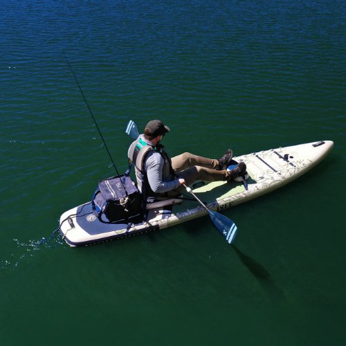 Aerial view of an Isle hybrid paddleboard in kayak mode