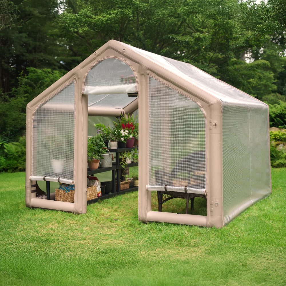HAVN inflatable greenhouse set up in a backyard